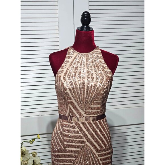 NWT Cache Women Rose Gold Sequined Mermaid NYE Evening Gown Maxi Dress Sz 6 3156 - Picture 11 of 13